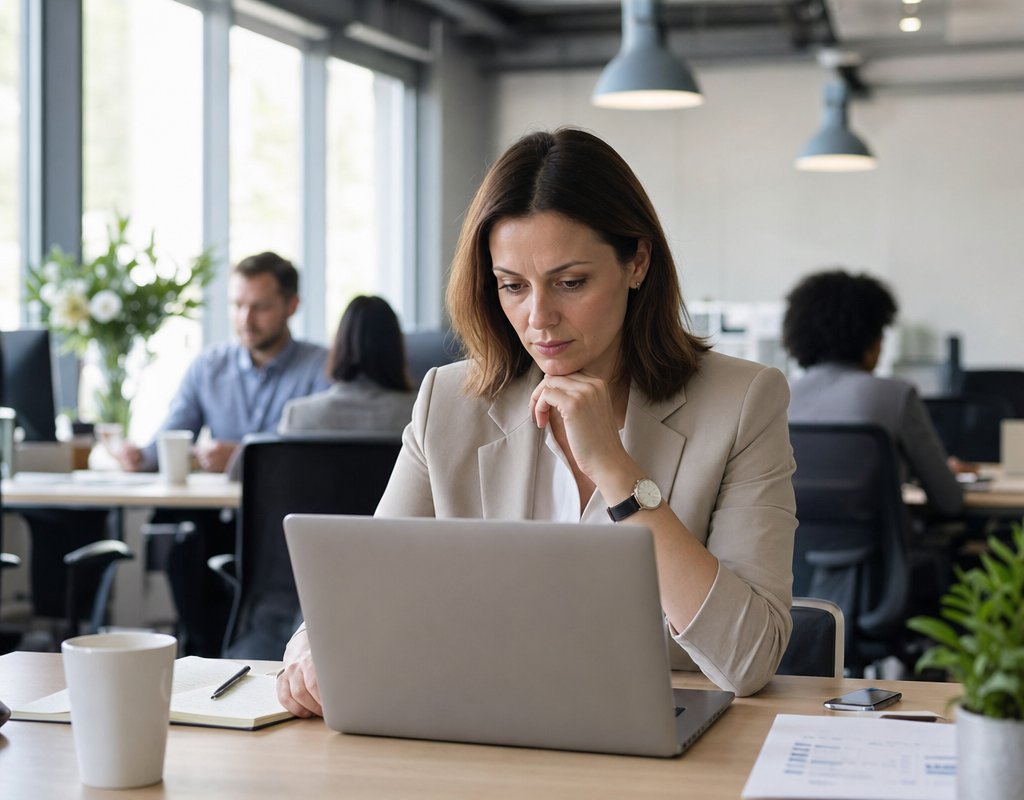 HR professional reviewing candidate profiles on a laptop in a modern open-plan office, natural light, focused expression