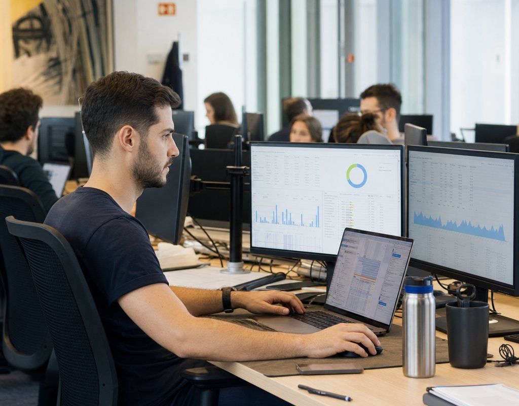 young Portuguese professional working with data on multiple monitors in a contemporary open-plan office workspace