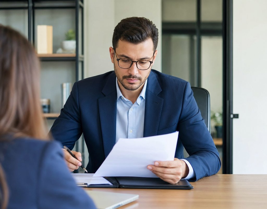 recruiter in business suit reviewing resume at desk with focused expression and pen in hand