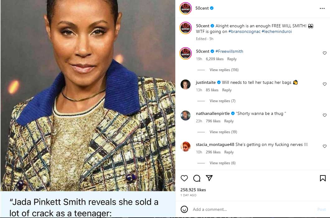 Free Will Smith': 50 Cents mocks Jada Pinkett Smith