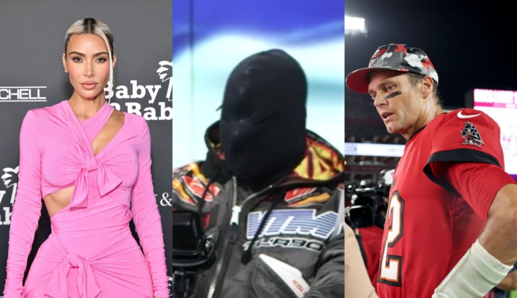 Kim Kardashian posing in pink. Kanye West wearing mask over face and Tom Brady in uniform with cap on his head