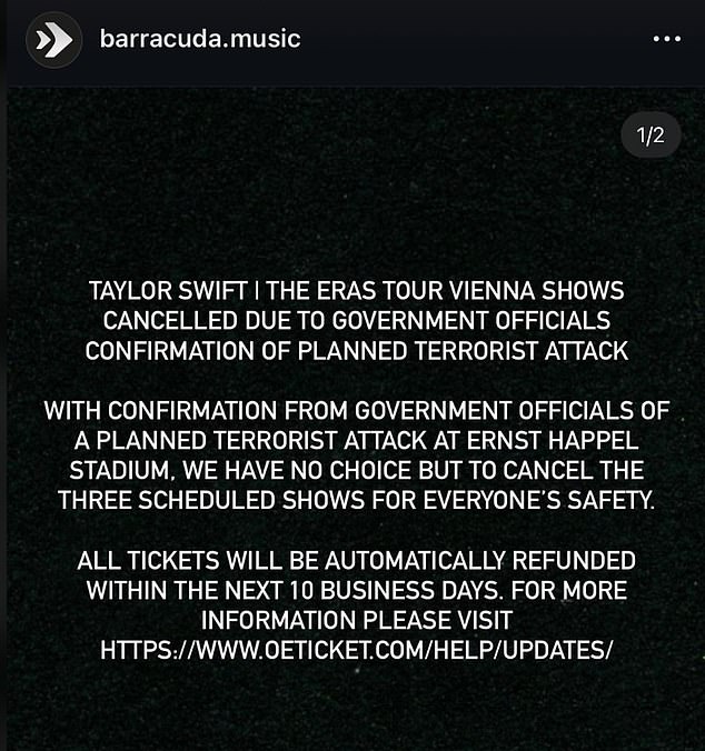 Swift's concert promoter confirmed the cancellation in a post, citing public safety