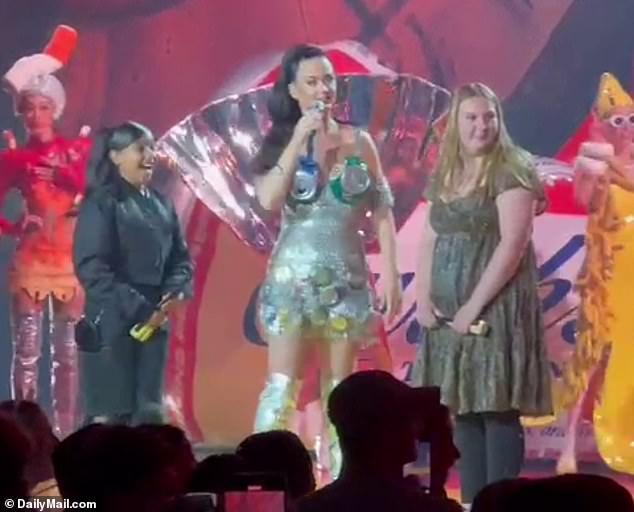 Come on up!Earlier in the evening Kim 's nine-year-old daughter North West was brought on stage during the pop star's show