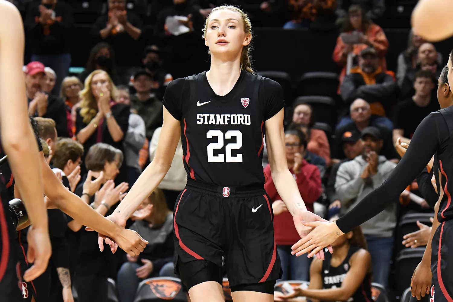 tanford Cardinal forward Cameron Brink (22) takes the court during a PAC-12 Conference basketball game between the Oregon State Beavers and Stanford Cardinal on February 29, 2024, at Gill Coliseum in Corvallis,, Oregon 