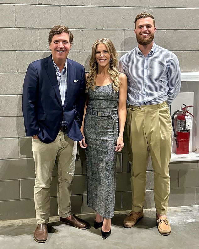 Butker posed for a photo with 'friends' Tucker Carlson (left) and Megyn Kelly (right) Thursday