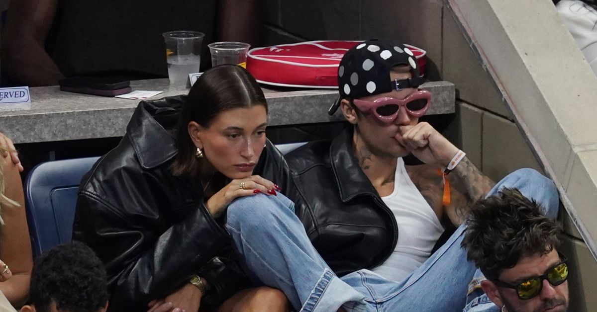 Hailey Bieber and Justin Bieber are seen watching Coco Gauff Vs Elise Mertens on Arthur Ashe Stadium at the USTA Billie Jean King National Tennis Center