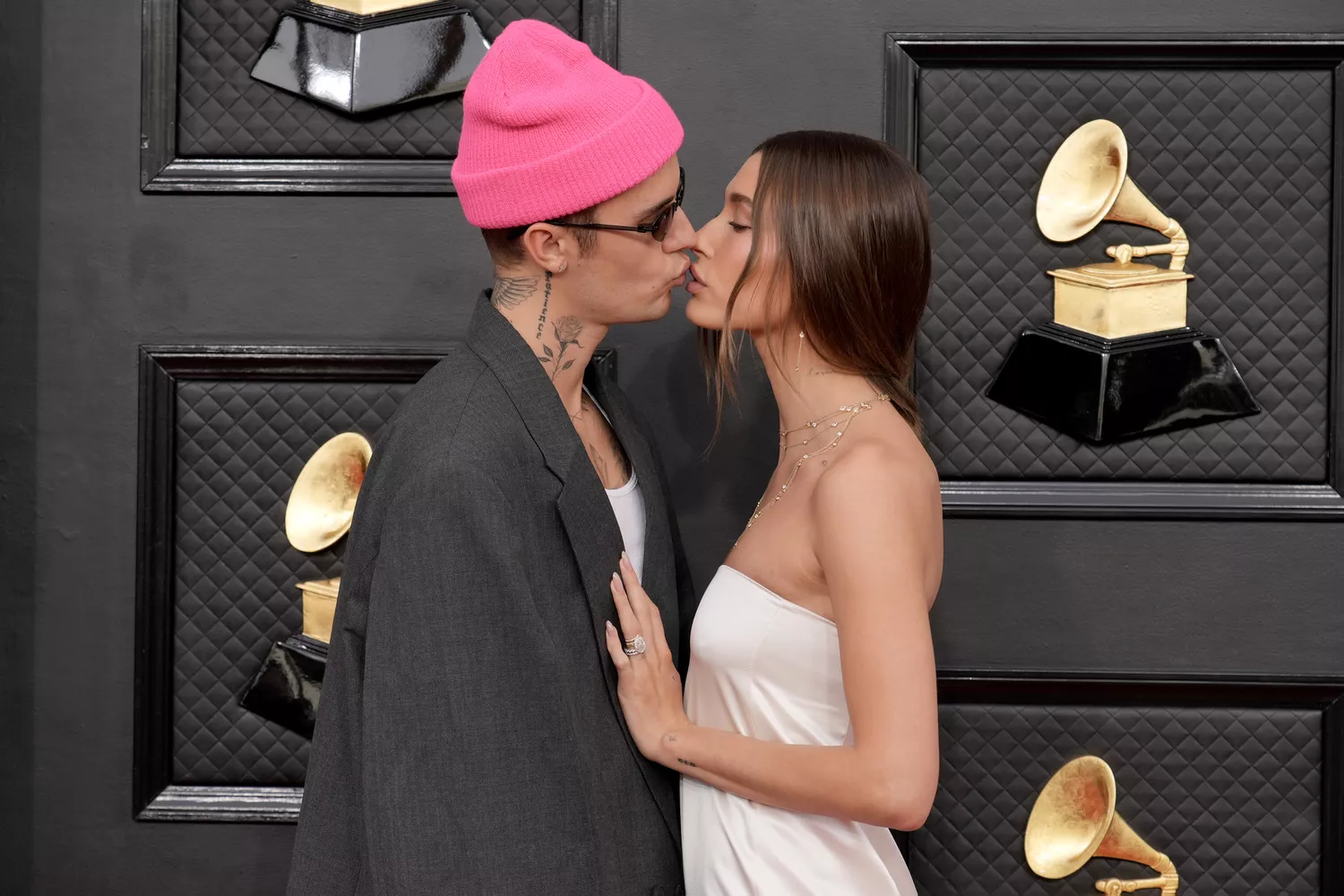 Justin Bieber and Hailey Bieber attend the 64th Annual GRAMMY Awards