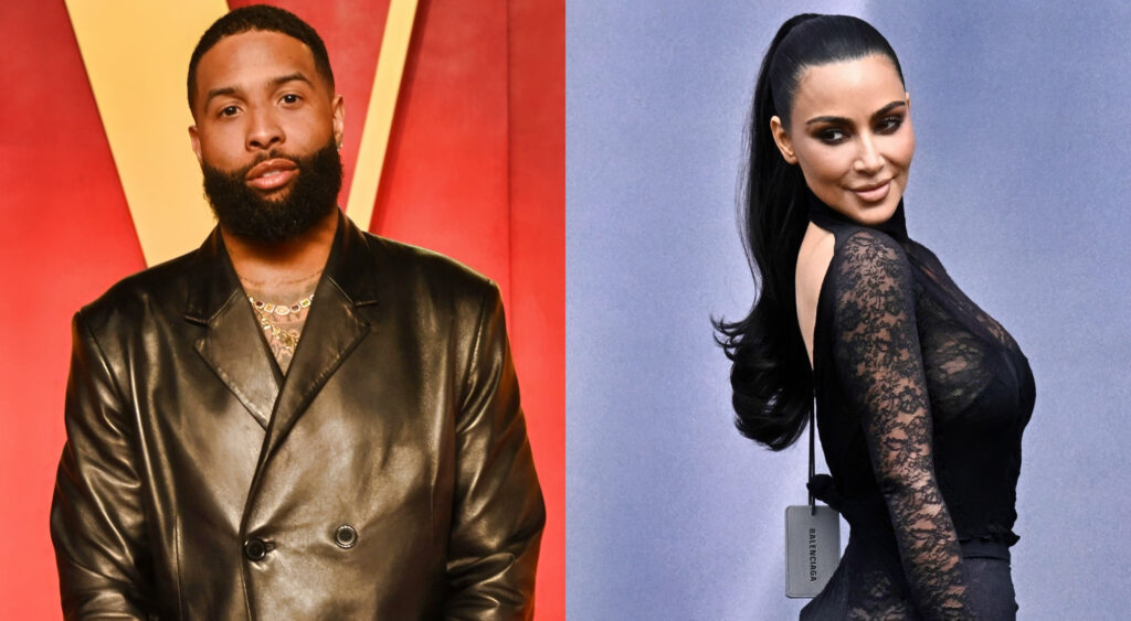 Fotos de Odell Beckham Jr. y Kim Kardashian en trajes negros.