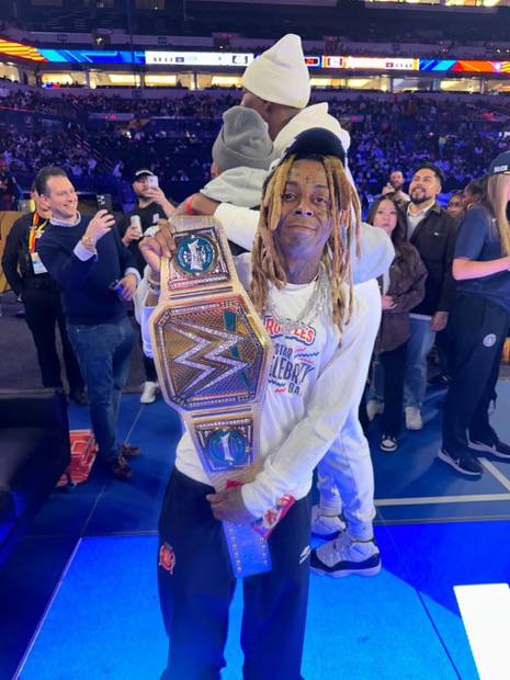 Lil Wayne, Shannon sharpe and 50 cent with wwe golden title at nba all star  weekend : r/SquaredCircle