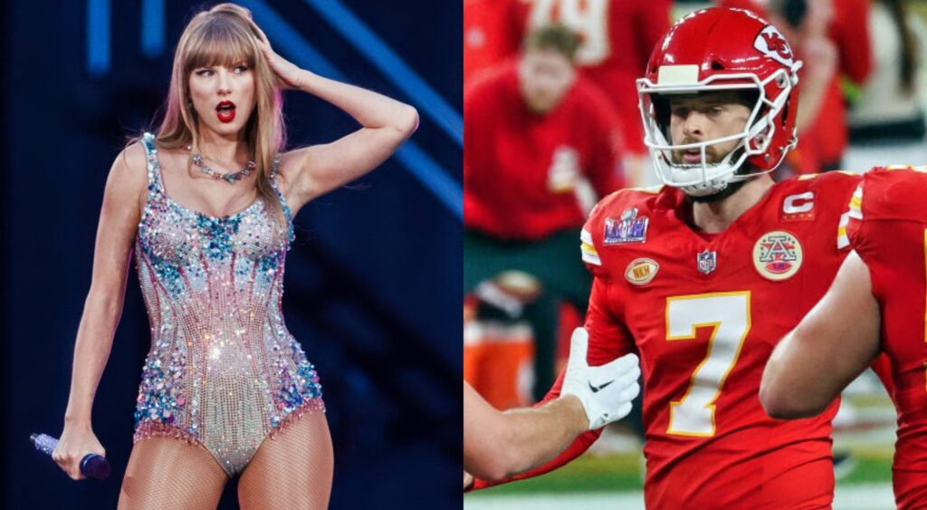 Harrison Butker in uniform. Taylor Swift in concert.