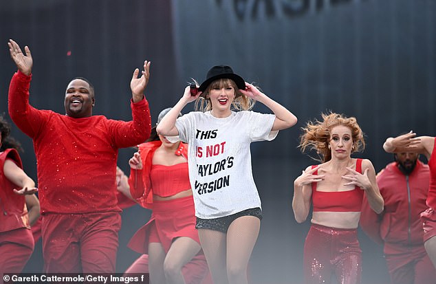 One outfit change saw her don a t-shirt reading 'this is not Taylor's version' - thought to be a reference to a dispute that saw her lose the rights to early works, which she later re-recorded as 'Taylor's Version' editions