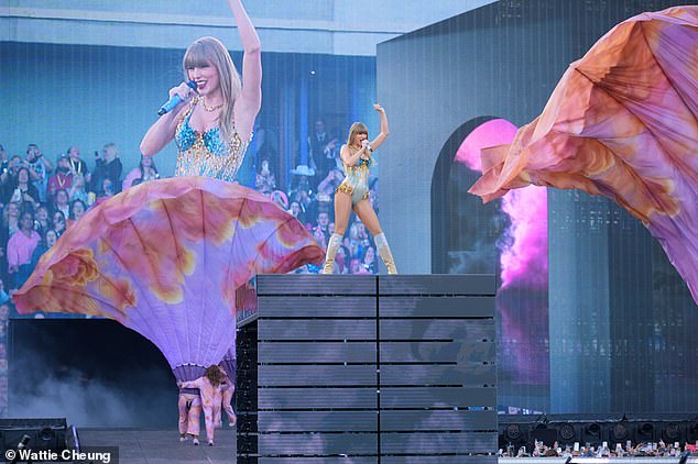 Taylor Swift atop a plinth at Murrayfield as she kicked off the UK leg of the Eras Tour, which has been rejigged to include material from her latest album