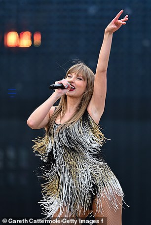 The singer took to the stage at Murrayfield in Edinburgh for the first show of her UK Eras Tour (left). She later changed into a red bodysuit (right) as she continued the look back over her career to date