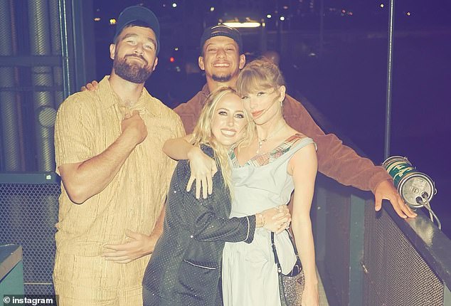 Travis Kelce and Taylor Swift pictured with Patrick and Brittany Mahomes this summer