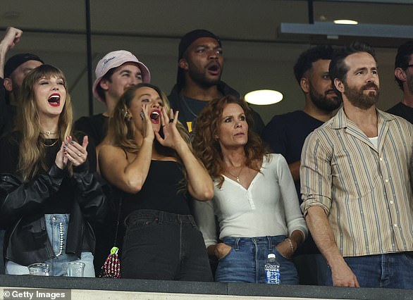 Swift was spotted at MetLife Stadium as she cheered the Kansas City Chiefs for a second time. She brought along her A-list entourage to help support her new beau, including Blake Lively, Ryan Reynolds and Sophie Turner