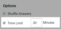 Canvas dialogue box options with the Time Limit 30 minutes option selected