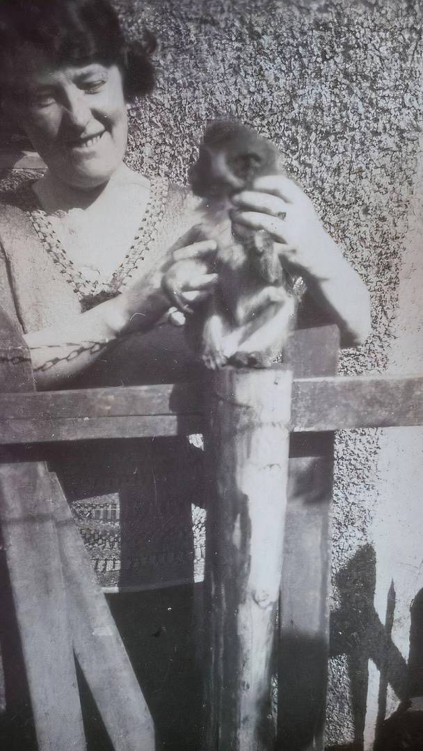Wyllie Hume's Aunt Bessie holding the monkey - courtesy of Wyllie Hume