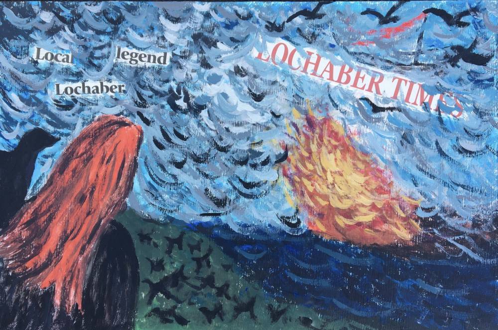 Painting shows red haired woman from the back, overseeing a burning ship on the water. Raven and black cat motifs. Text reading 'Lochaber Times' 'local', 'legend' and 'Lochaber.'