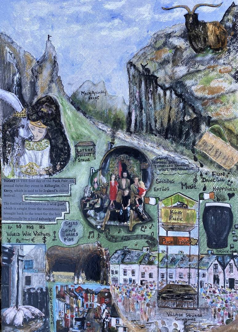 Complex imge with elements depicting the Puck Fair. Background is mountainous landscape. Inserts showing scenes from town and sces from fair both in modern day and historically, a pint of Guinness, 'Queen Puck' crowned and dressed in white with a goat, and a wild goat on the mountaintop. Text elements describe the history of the festival and its associations 'Fun' 'Dancing' inging' 'Drinking' 'Happiness' and 'World Wide Visitors' with currency symbols.  