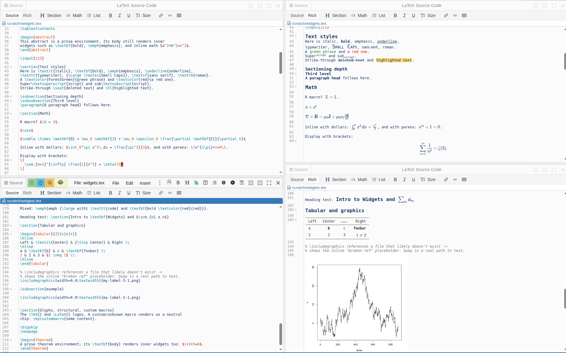LaTeX editor with inline rich-text widgets