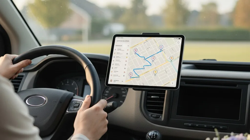 A tablet in a delivery van showing a map and a route list for flower deliveries.