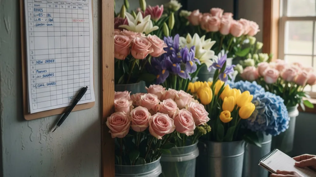 A clipboard with a printed, marked-up spreadsheet hangs inside a walk-in floral cooler full of flowers.
