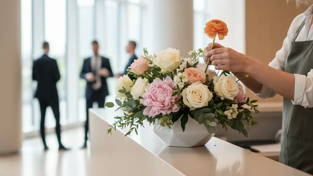 Florist's hands arranging a large bouquet in a corporate office lobby.