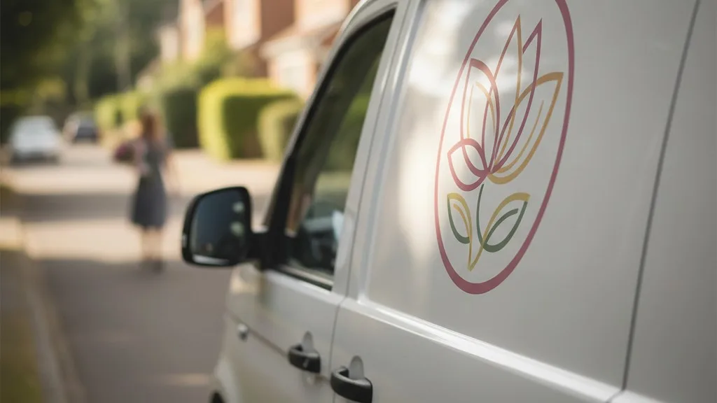 The side door of a clean delivery van with a flower shop logo.