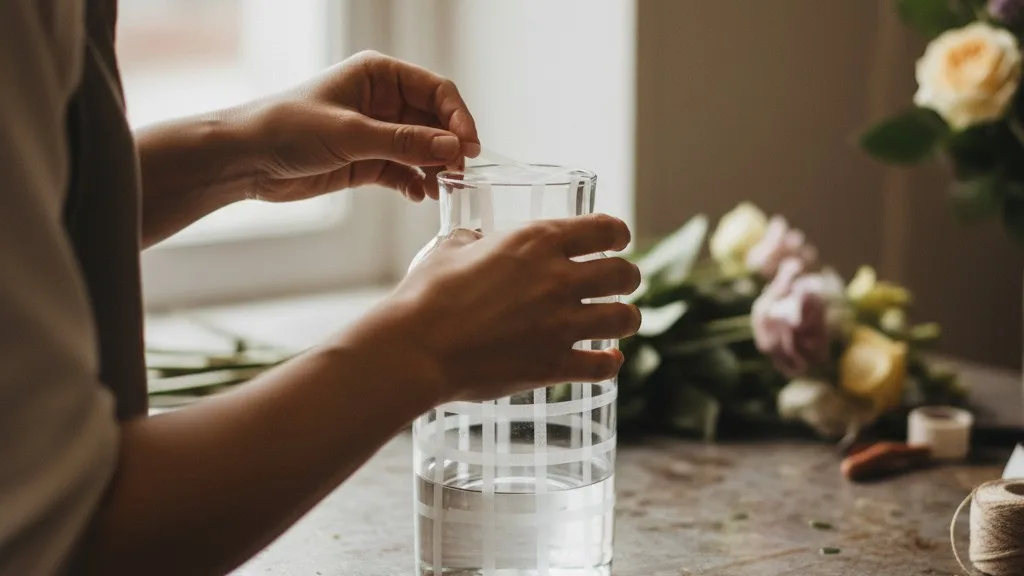 Florist's hands creating a tape grid on top of a clear glass cylinder vase.