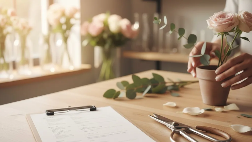 A florist workbench with an arrangement recipe sheet and shears.