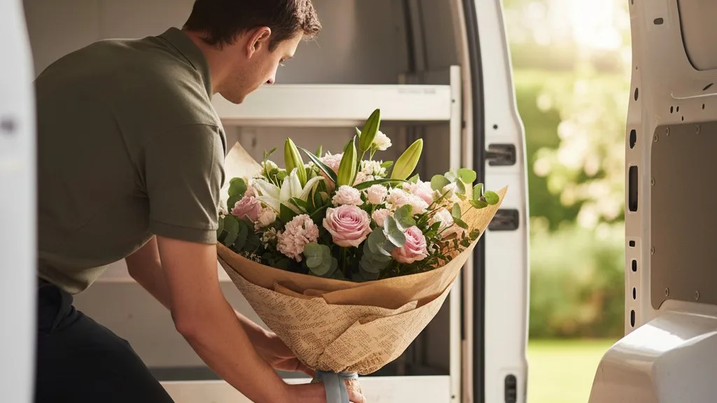 A delivery driver carefully places a bouquet of flowers inside a delivery van.