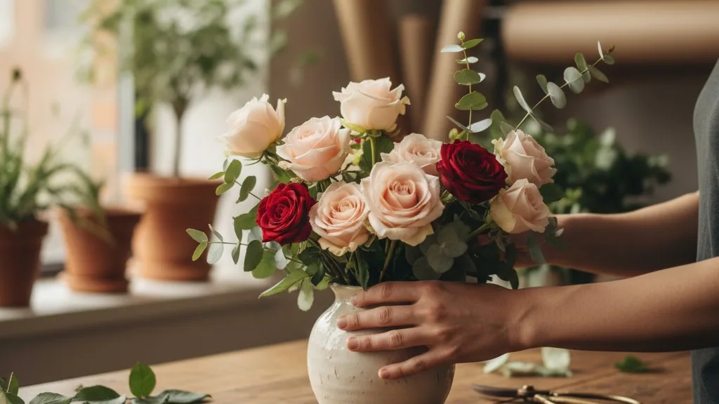 A designer's hands arranging fresh flowers on a wooden workbench