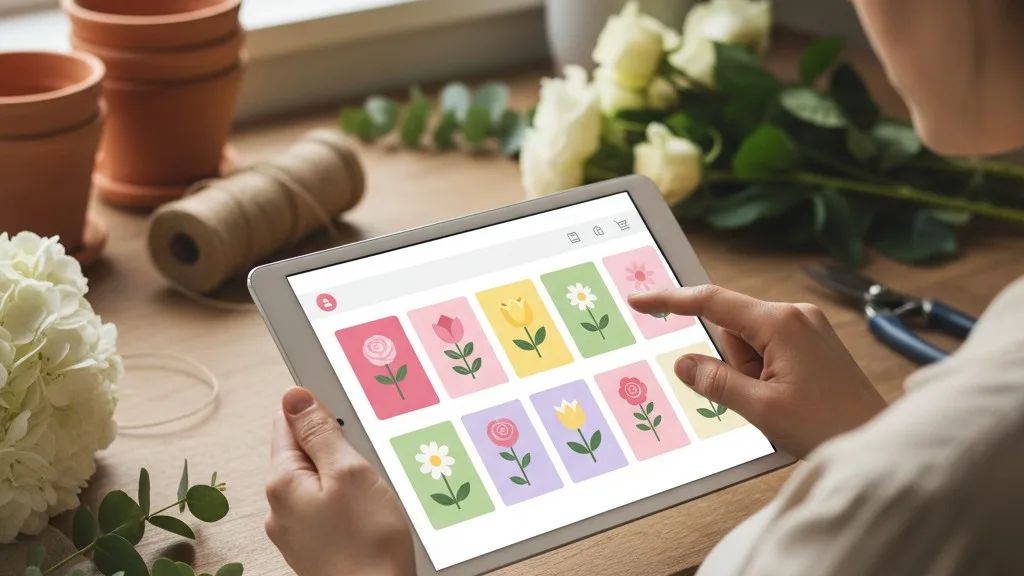 A florist's hands holding a tablet displaying flower shop point-of-sale software in a design studio.