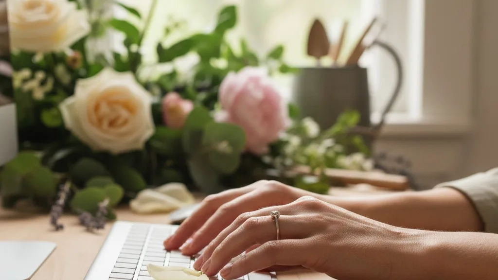 A florist's hands entering an order into their point-of-sale system.