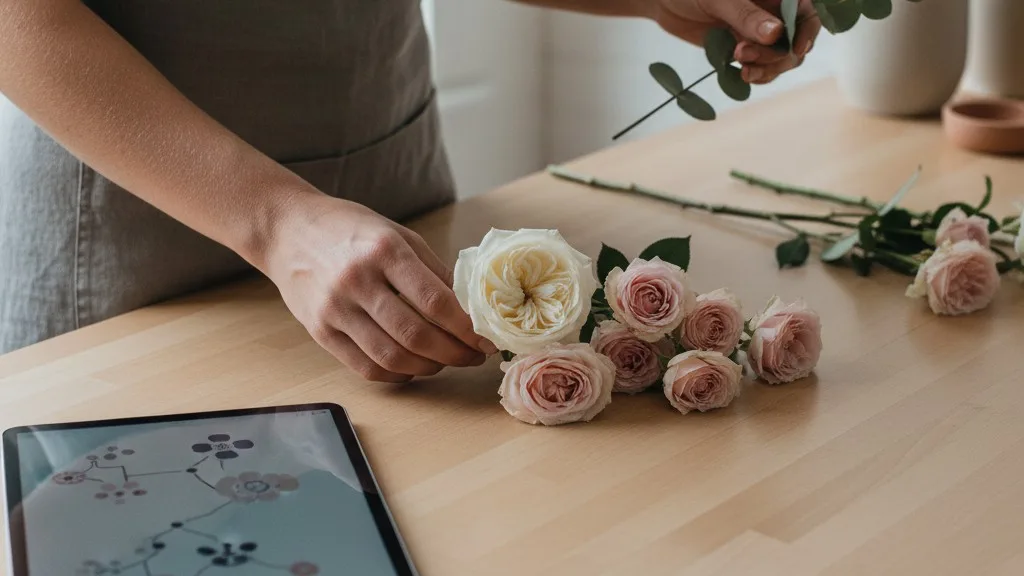 A floral designer's hands assembling a centerpiece on a workbench next to a digital recipe sheet.