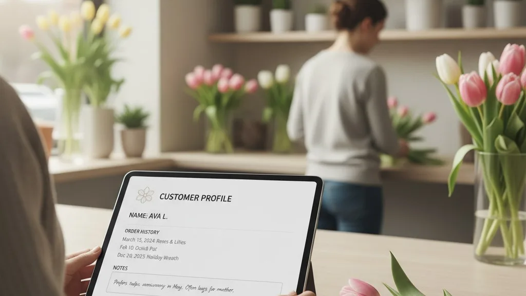 A tablet on a counter displays a flower shop's customer profile with order history and personal notes.