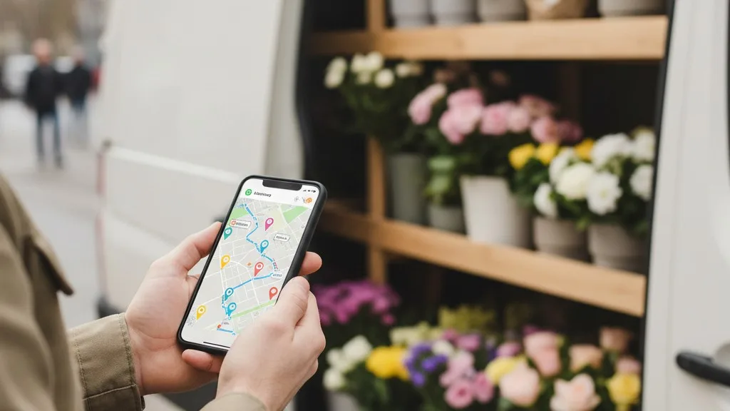 A delivery driver holds a smartphone showing a route map, standing next to an open delivery van.