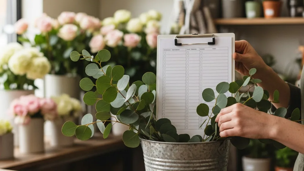 A clipboard with an inventory checklist resting on a bucket of eucalyptus in a flower shop.