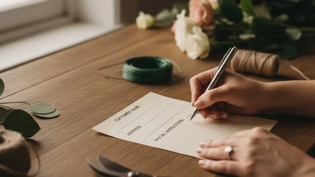 A florist writes details on a funeral flower order ticket at a workbench.