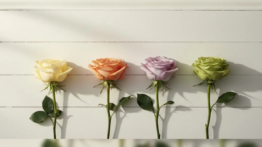 Single stems of yellow, orange, lavender, and green roses lined up.