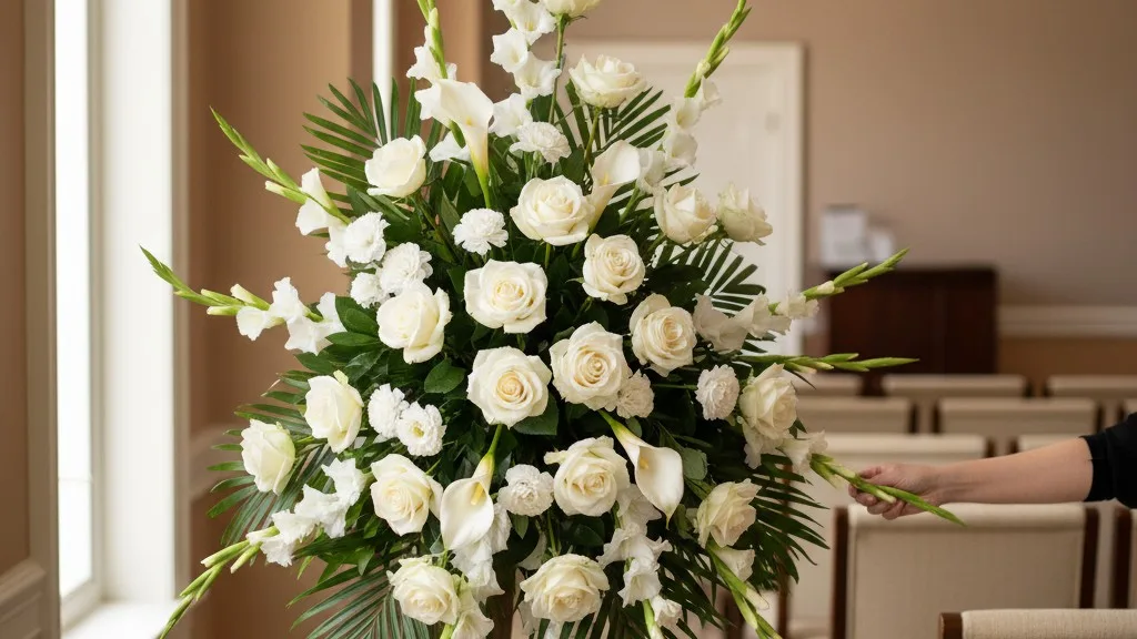 A large standing funeral spray with white flowers on an easel in a chapel.