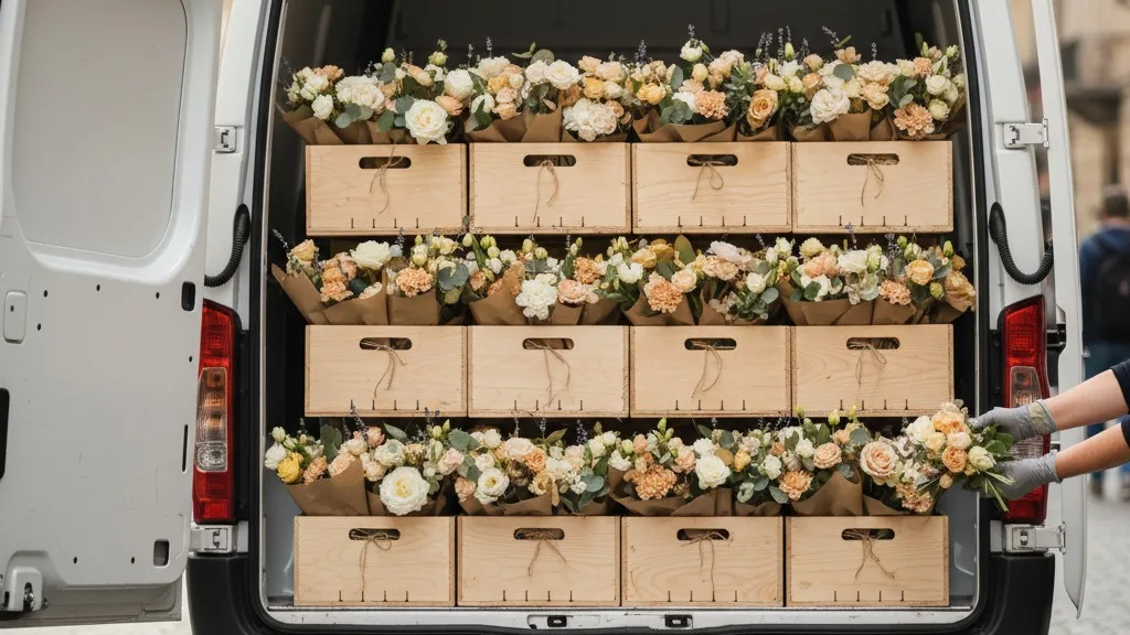 Organized floral arrangements loaded inside a delivery van