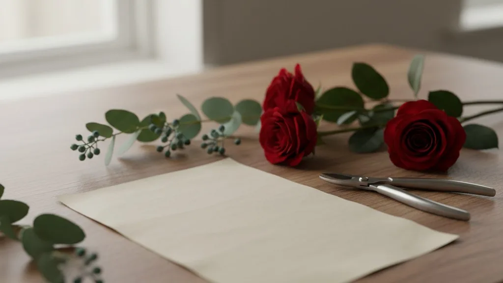 A florist workbench with design tools, flower stems, and a recipe sheet laid out clearly.