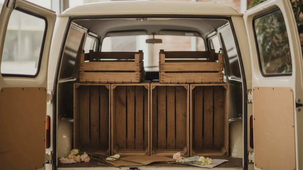 The open back of a floral delivery van organized with clean wooden crates on a quiet street.