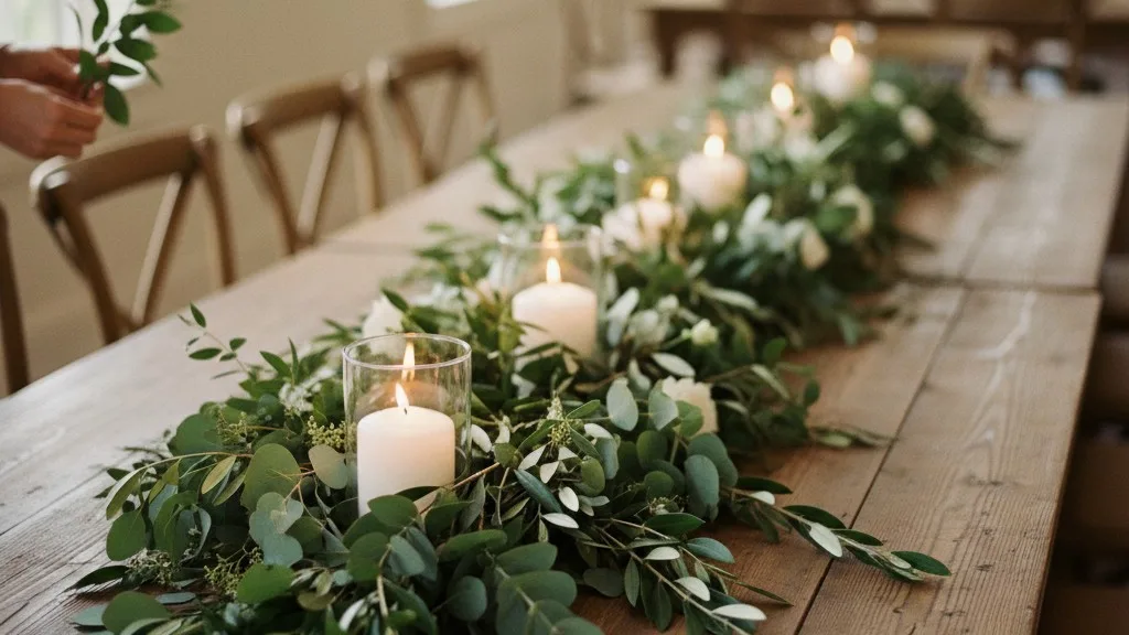A long wedding reception table decorated with a continuous garland of eucalyptus and olive branches.