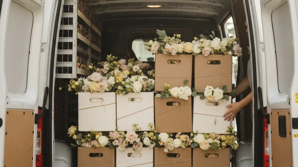 The interior of a flower delivery van with arrangements secured for transport.