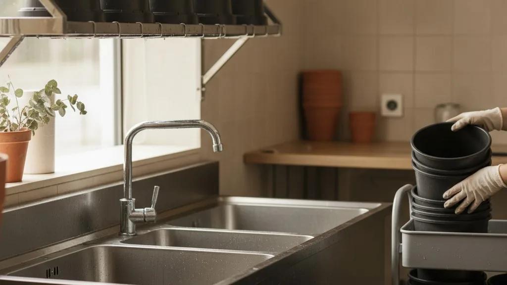 Clean plastic flower buckets drying next to a stainless steel sink.