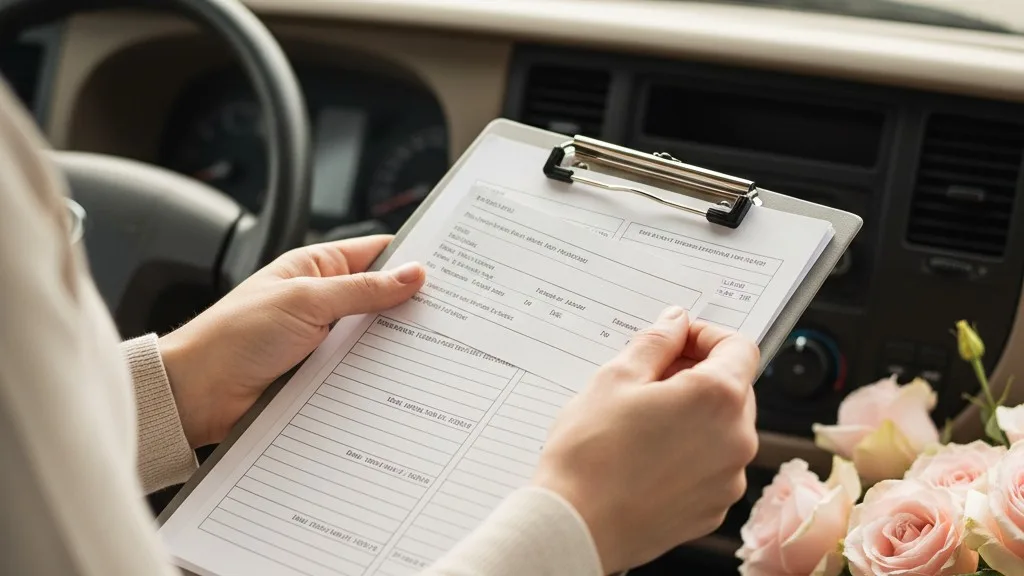 Florist's hands organizing printed delivery slips on a clipboard inside a vehicle.