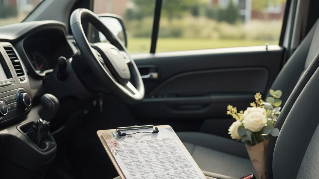 A delivery manifest for a flower shop resting on the seat of a delivery van.