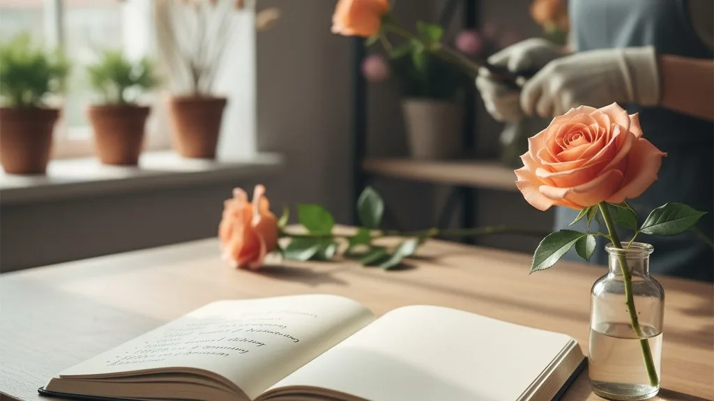 A notebook open to a page on rose color meanings sits on a workbench next to a peach rose.